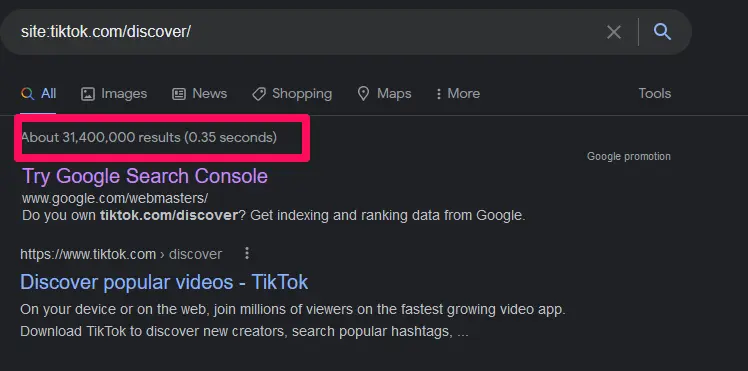 Screenshot showing number of search results for TikTok.