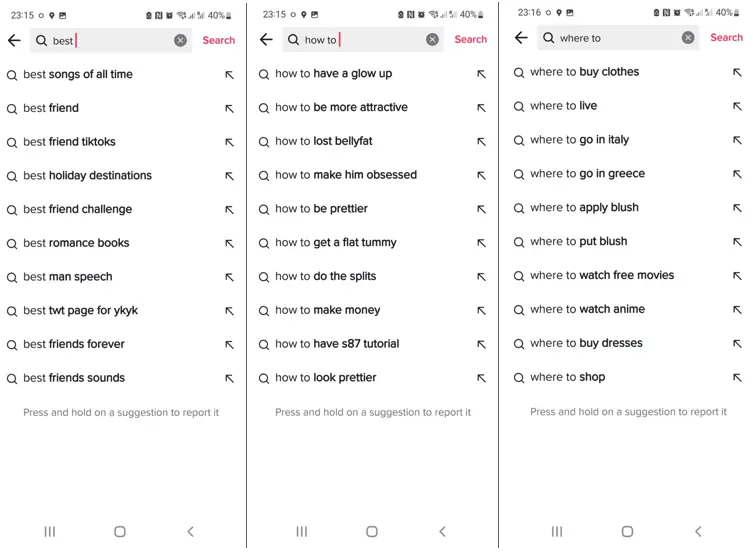 Side-by-side screenshots of TikTok search autopopulating suggested searches for