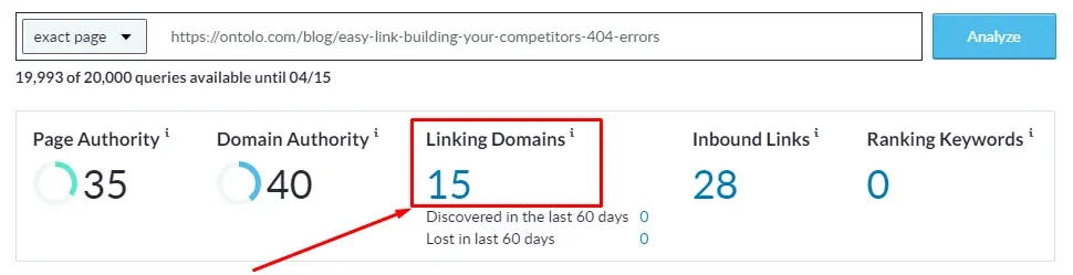 Red box in Moz Pro highlighting that 15 domains are linking to a broken URL