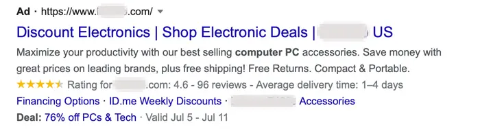 Discount Electrics ad in Google search results.