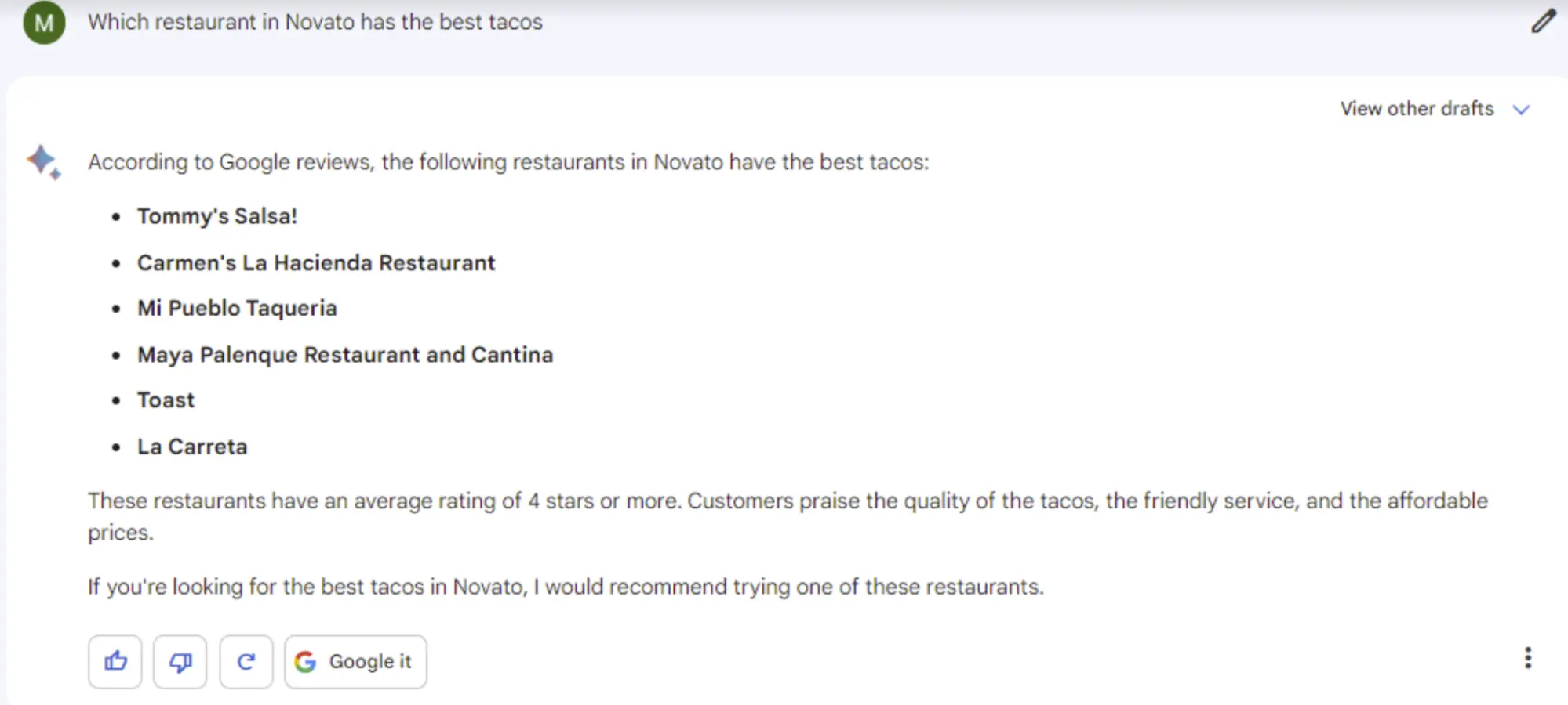 Bard recommends six restaurants in the city of Novato, California