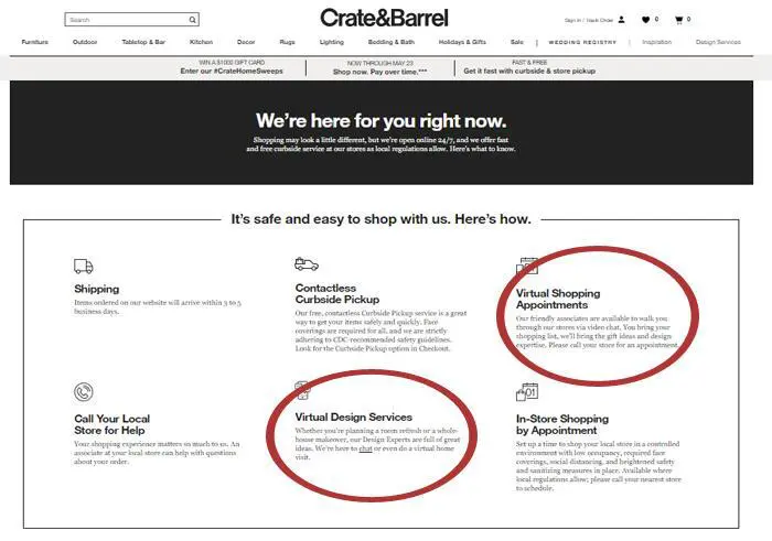 A screenshot of Crate & Barrel's customer service options.