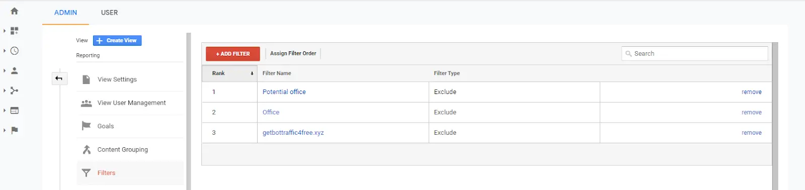 Screenshot of Google Analytics filter examples.