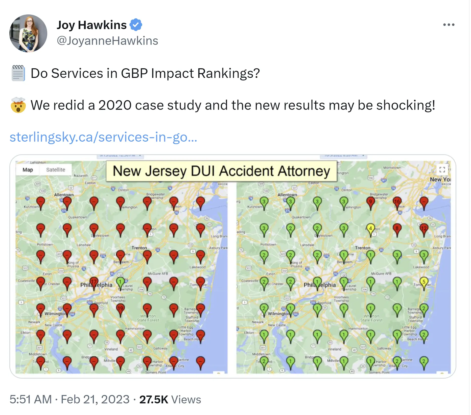 Joy Hawkins' tweet showing substantial ranking gains for a business that implemented pre-defined Google Business Profile services.