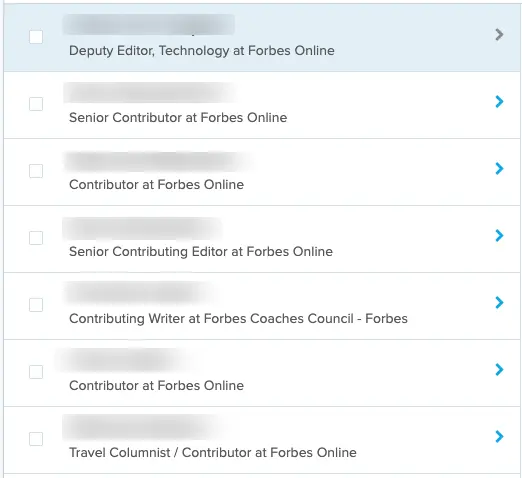 Searching for journalists who write for Forbes on Cision.