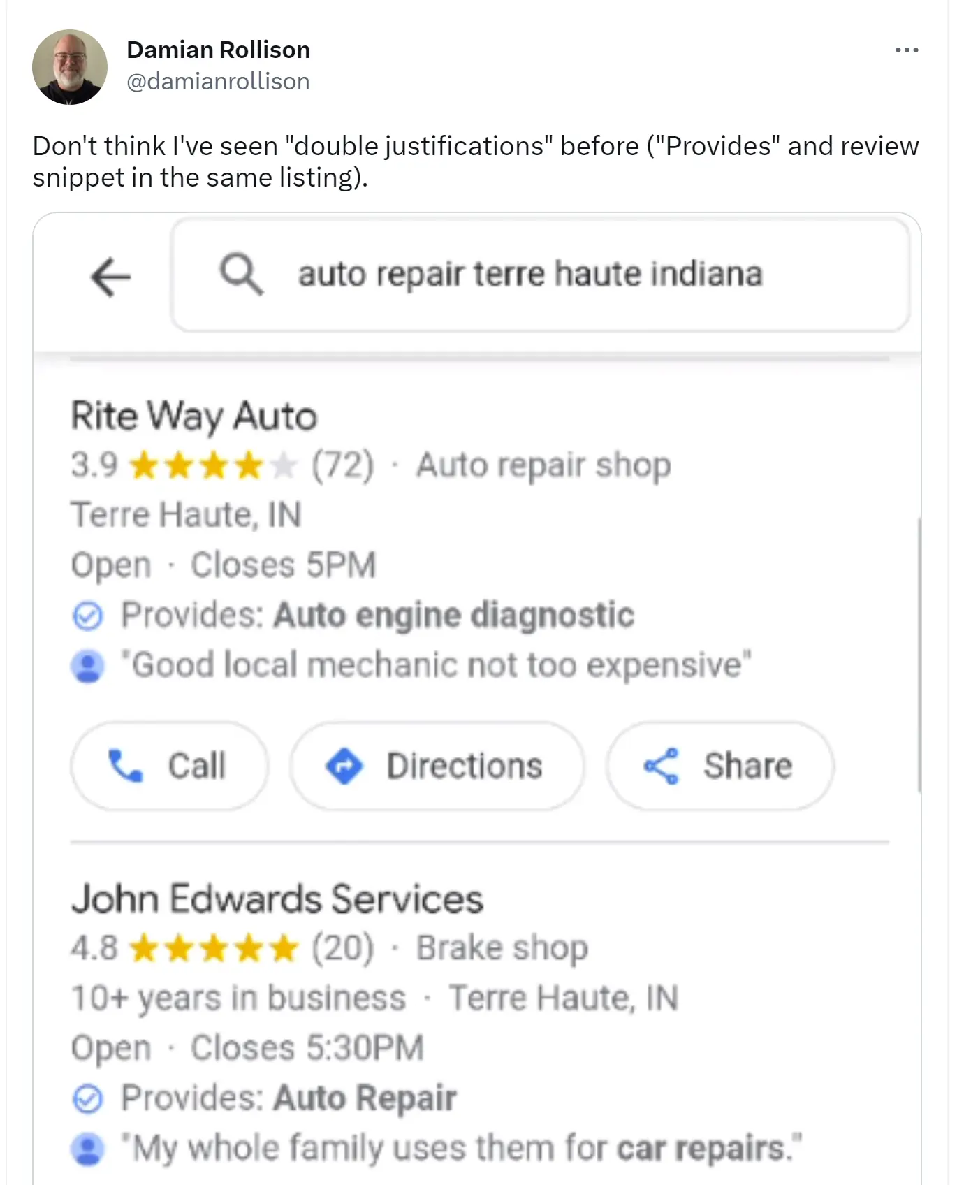 Damian Rollison captures a local pack in which the listings have two justifications instead of the typical single one.