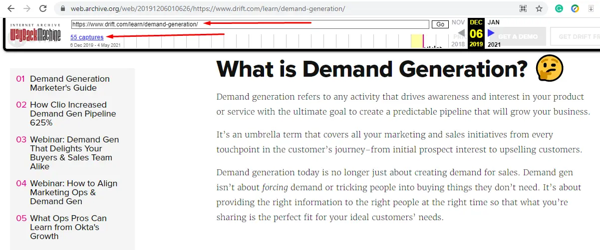 History of drift.com 404 page on the Wayback Machine