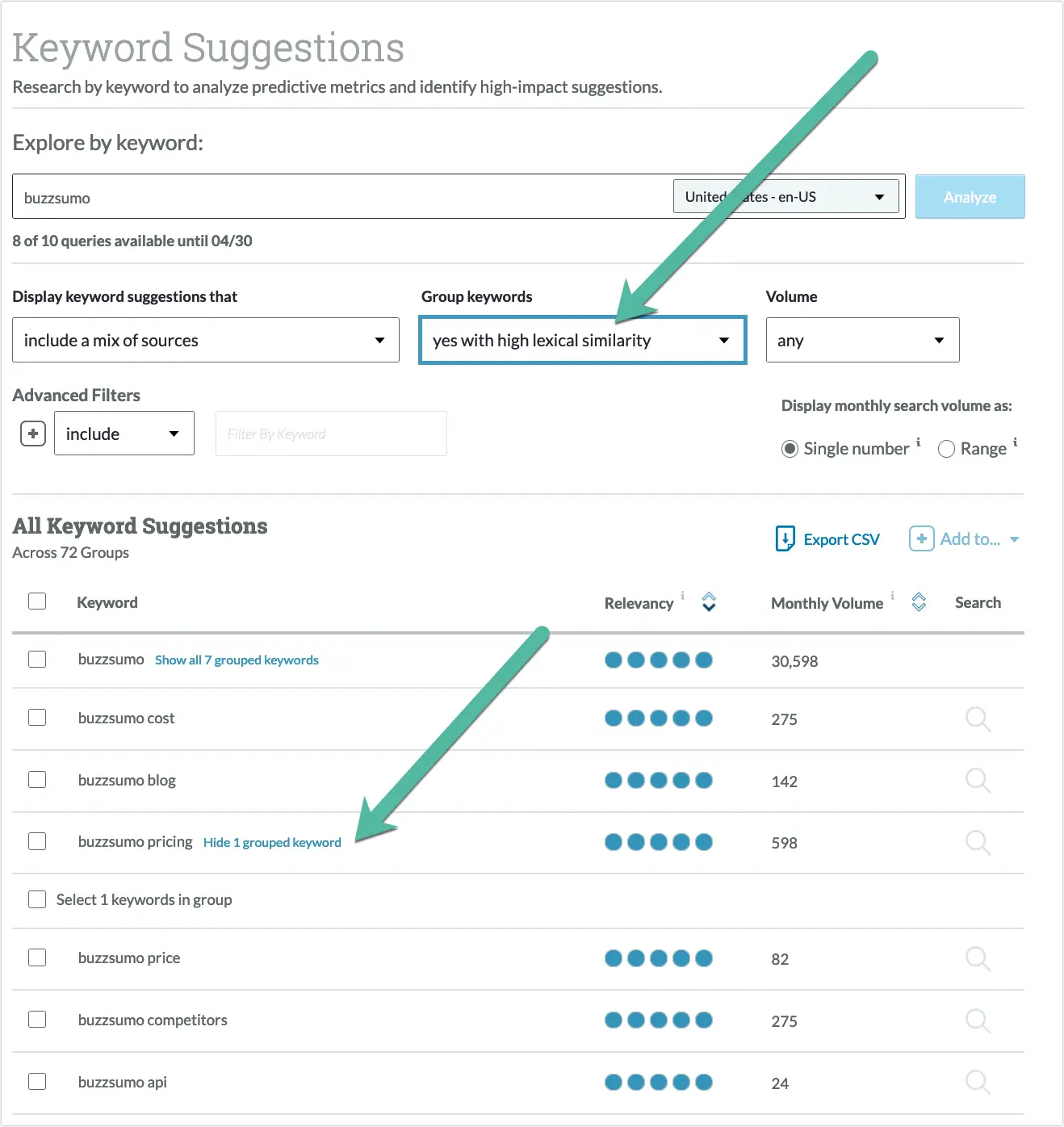 Screenshot of Moz Pro keyword suggestions list for Buzzsumo.