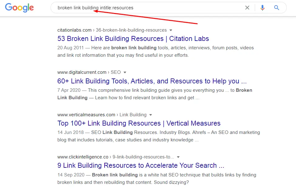 SERP after using Google search operators to find resource pages on broken link building