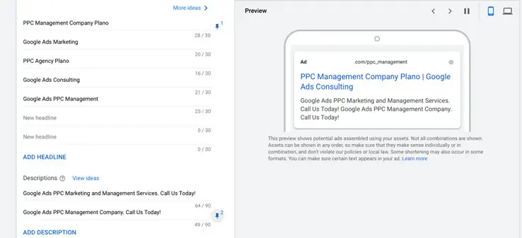 Pinning headlines and descriptions to specific positions