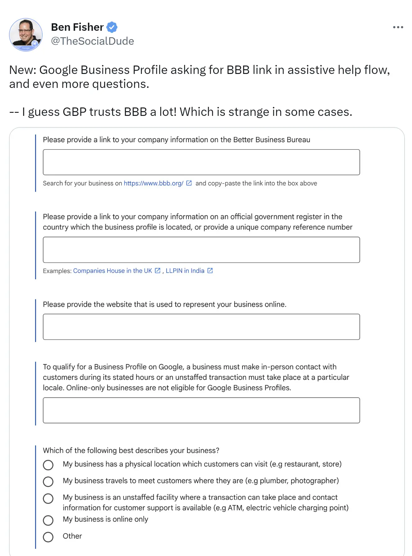 Ben Fisher's tweet showing Google asking for your BBB link in a troubleshooting form.