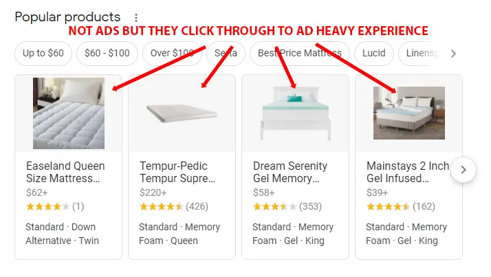 Example of non-ad labeled results in SERP carousel that lead special advertizing experience result