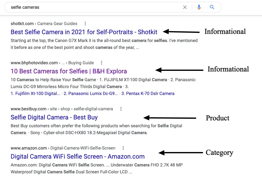Informational, product and category style results for a selfie camera.
