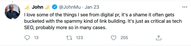Tweet from Google's John Mulller discussing Digital PR.