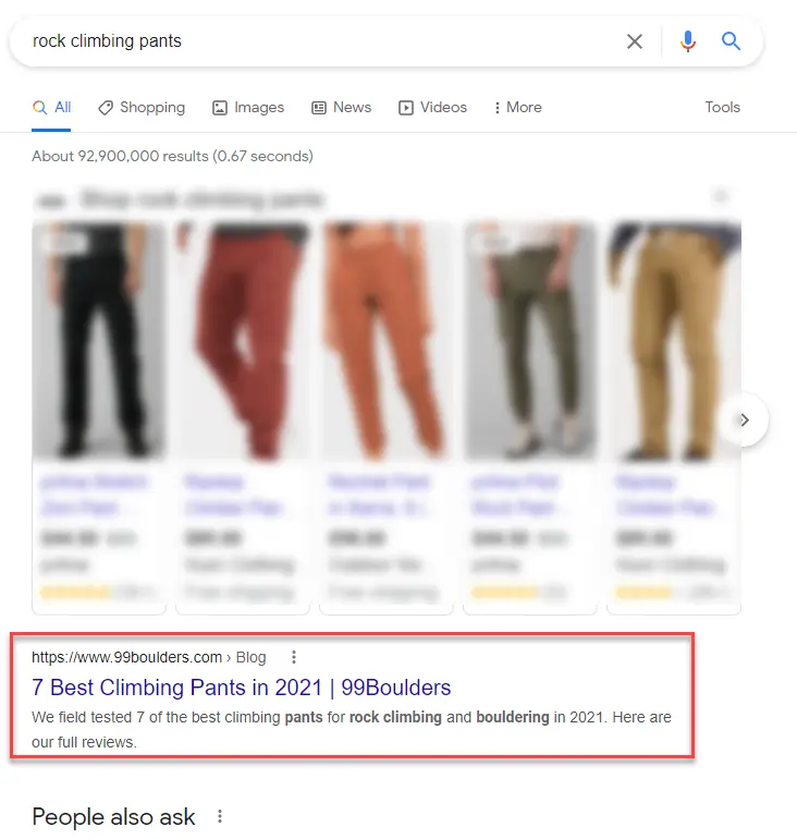 Google search for rock climbing pants with the result 7 Best Climbing Pants in 2021 highlighted in a red box.