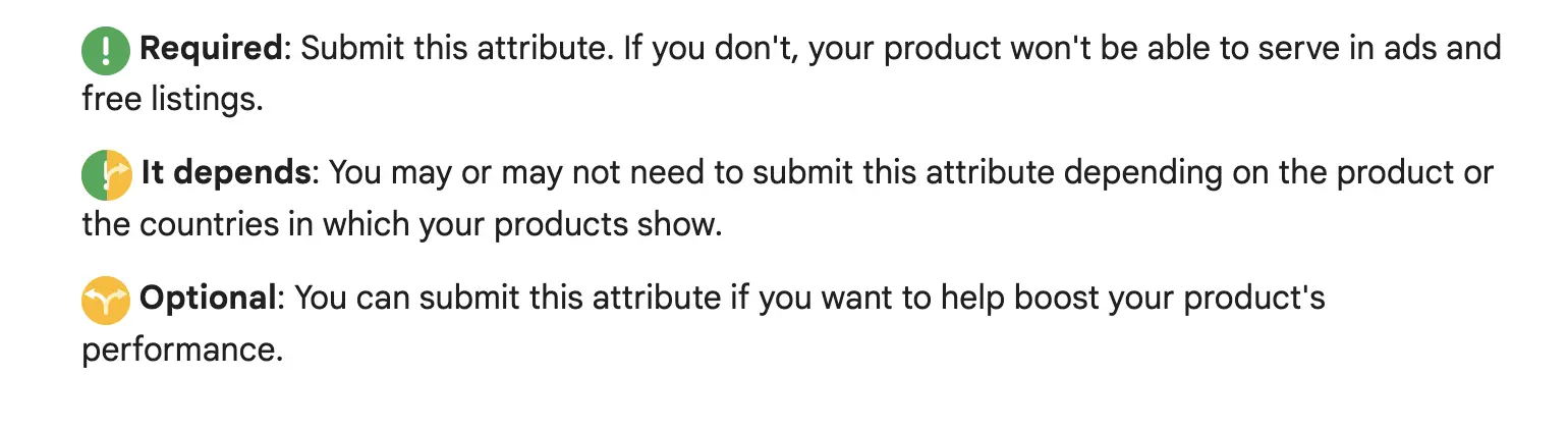 Screenshot of different requirements of attributes.