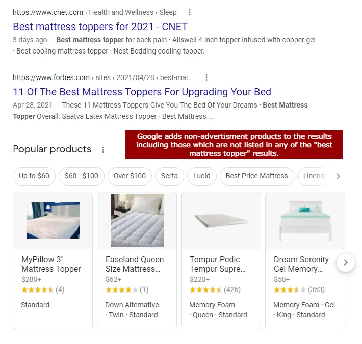 Carousel results on the SERP for best mattress topper