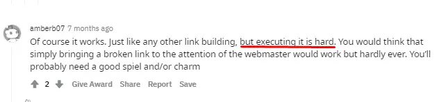 Comment on public forum saying that broken link building works, but it can be tough.