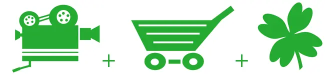 Clip art of a video camera plus a shopping cart plus a four leaf clover.