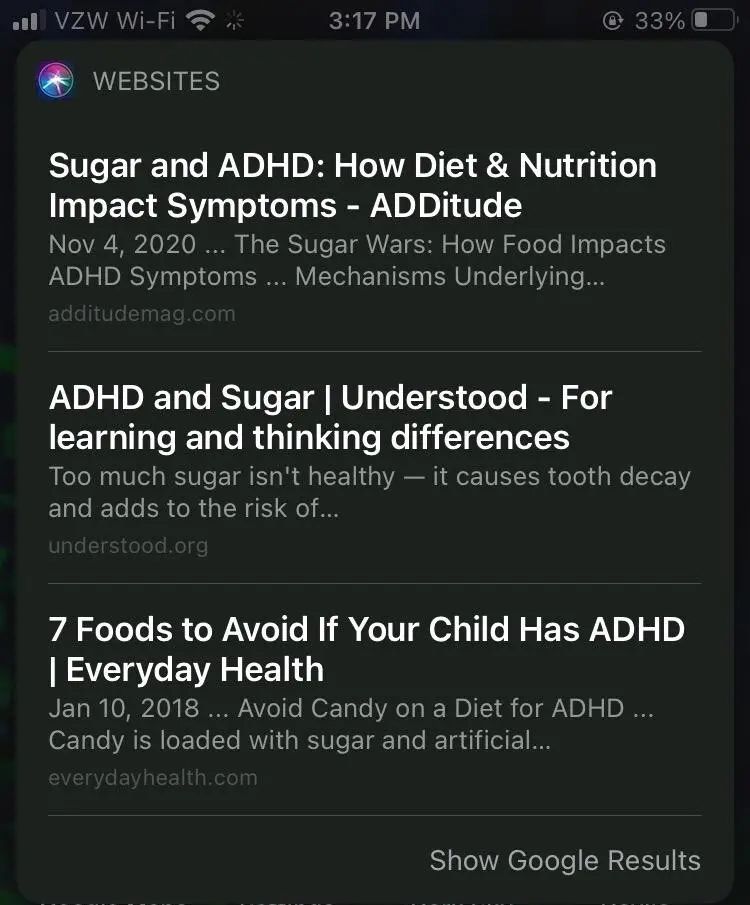 Safari SERP result for sugar and ADHD