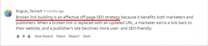Comment advocating for broken link building on public forum
