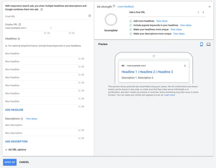 Responsive search ad set up screen