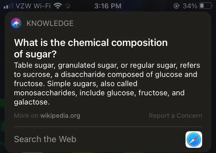 Screenshot of a Safari Knowledge Panel result on mobile for 'what is the chemical composition of sugar?'