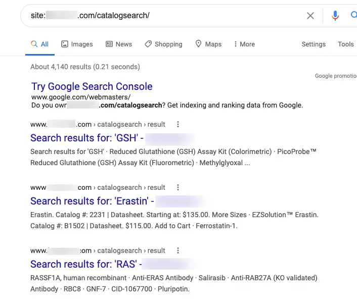 Internal search pages indexed in Google search results.