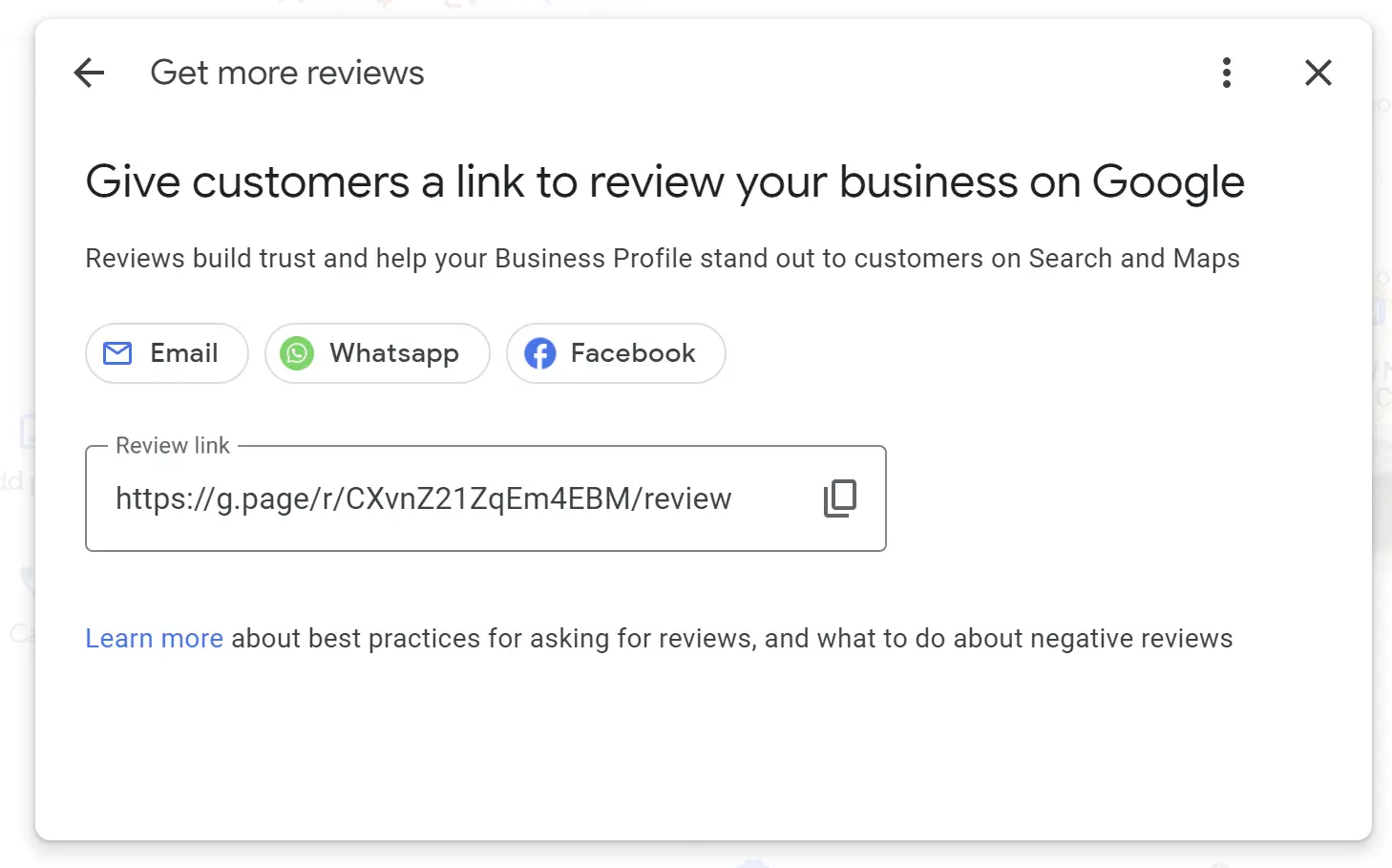 screenshot of new merchant experience popup containing a link to a local business review profile