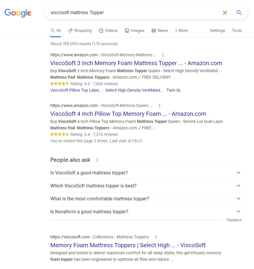 SERP result for Viscosoft mattress topper