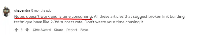 Comment on forum saying that broken link building doesn't work