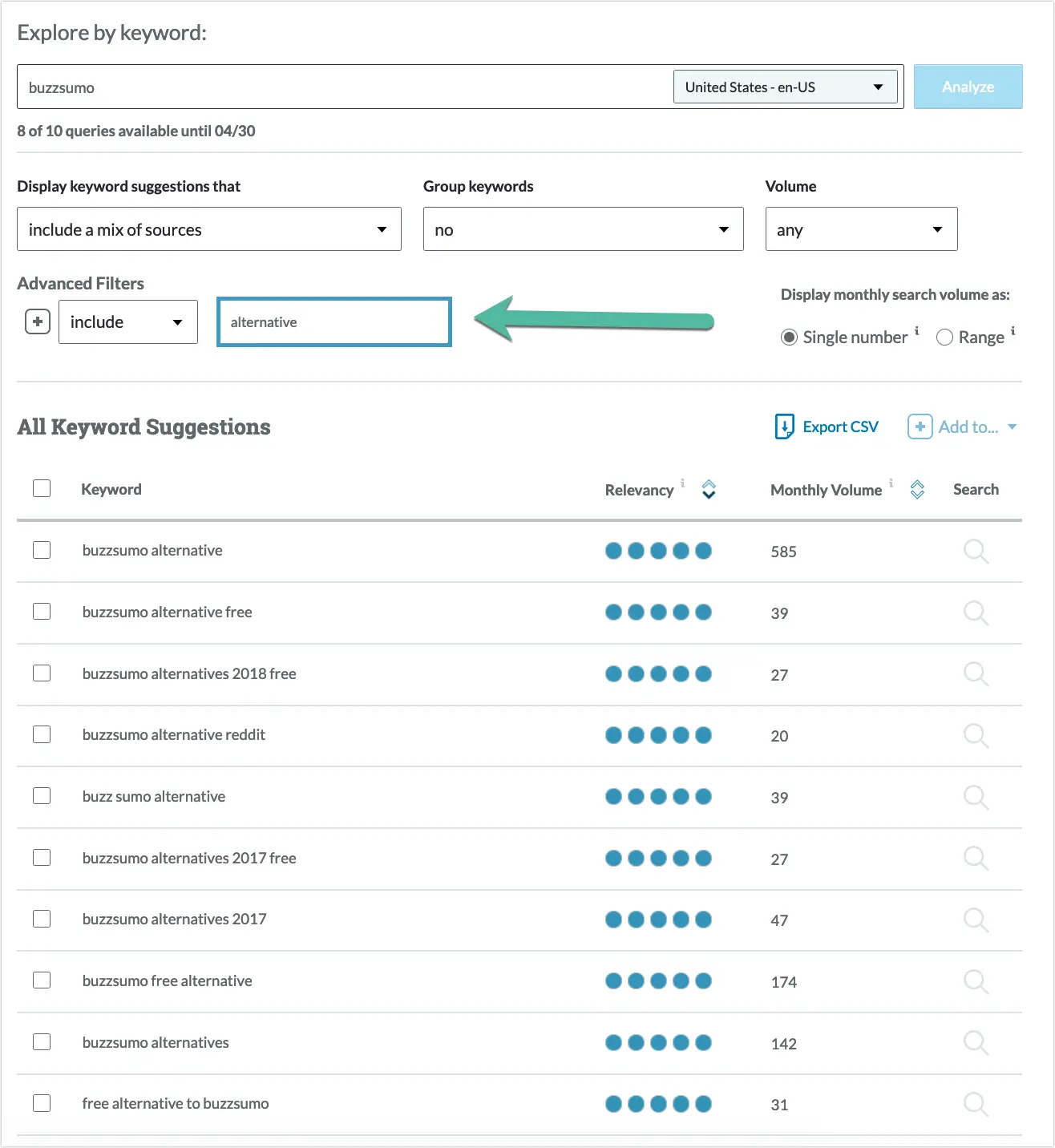 Screenshot of Moz Pro keyword explorer list for Buzzsumo.