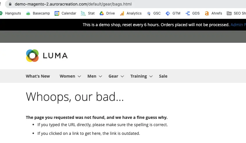 A broken page on a demo Magento site.