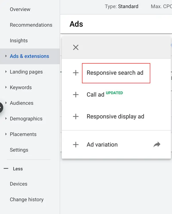 Select responsive search ad from the Ad menu
