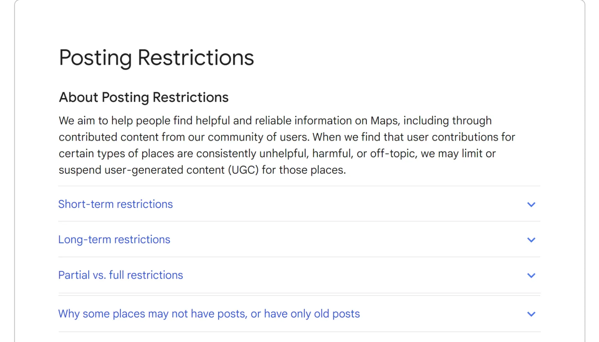 Screenshot of Google document outlining new posting restrictions