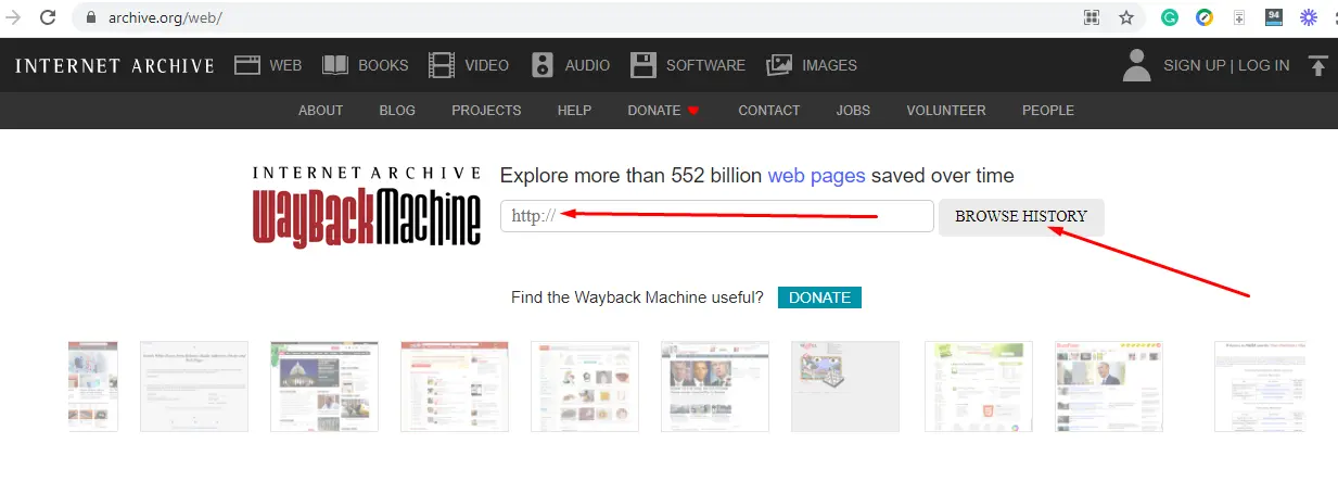 Screenshot of the Wayback Machine, highlighting where to enter a URL and how to browse its history.