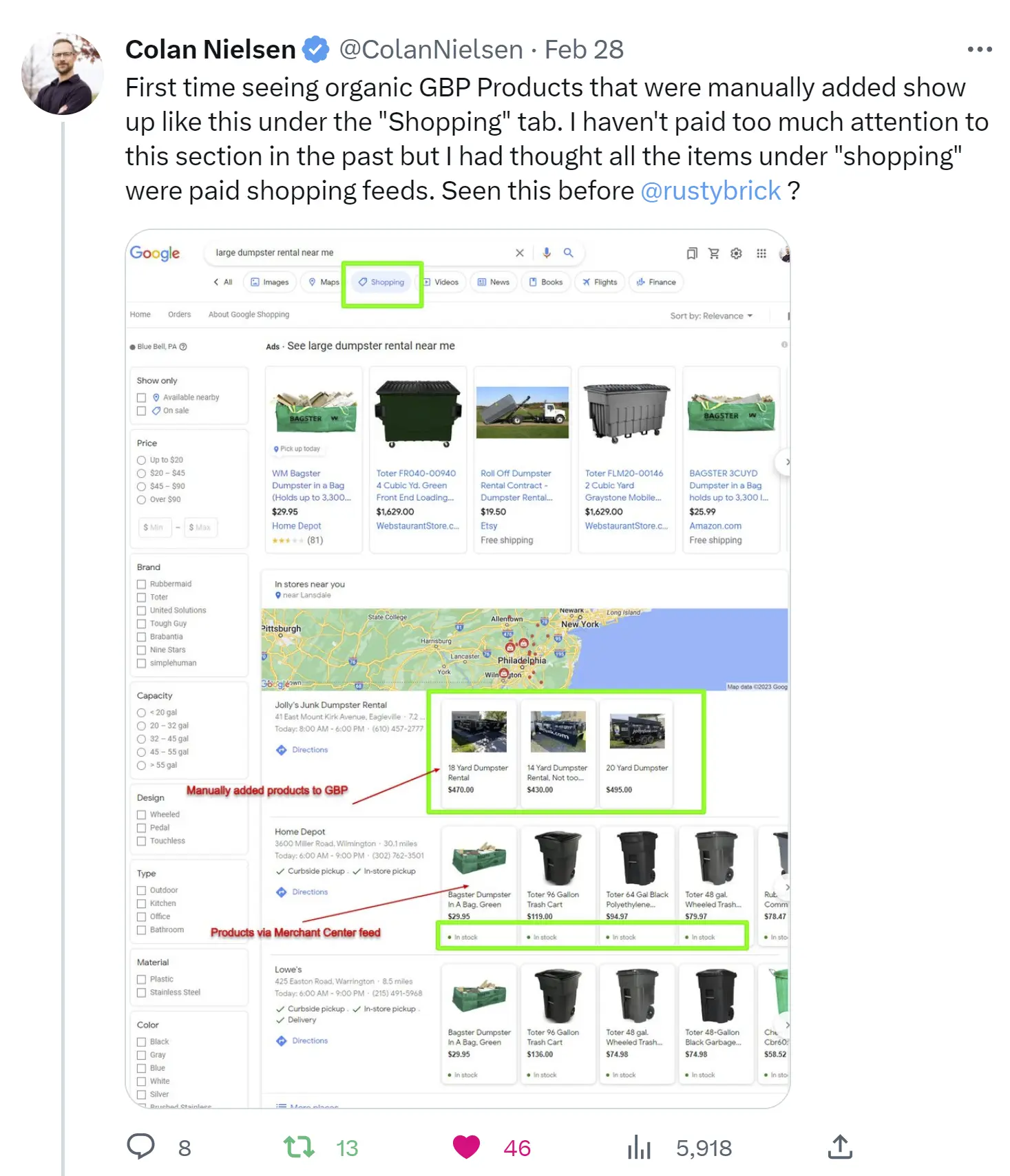 Colan Nielsen's tweet showing that manually-added Google Business Profile products are displaying in Google Shopping.