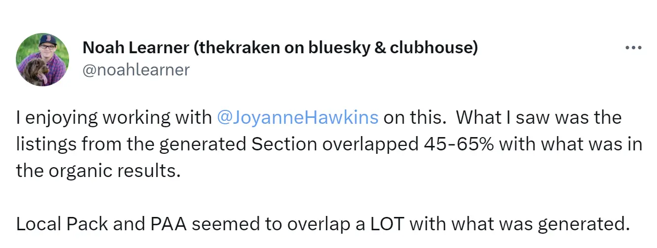 Tweet stating that Noah Learner observed a 45%-65% overlap between SGE and traditional results