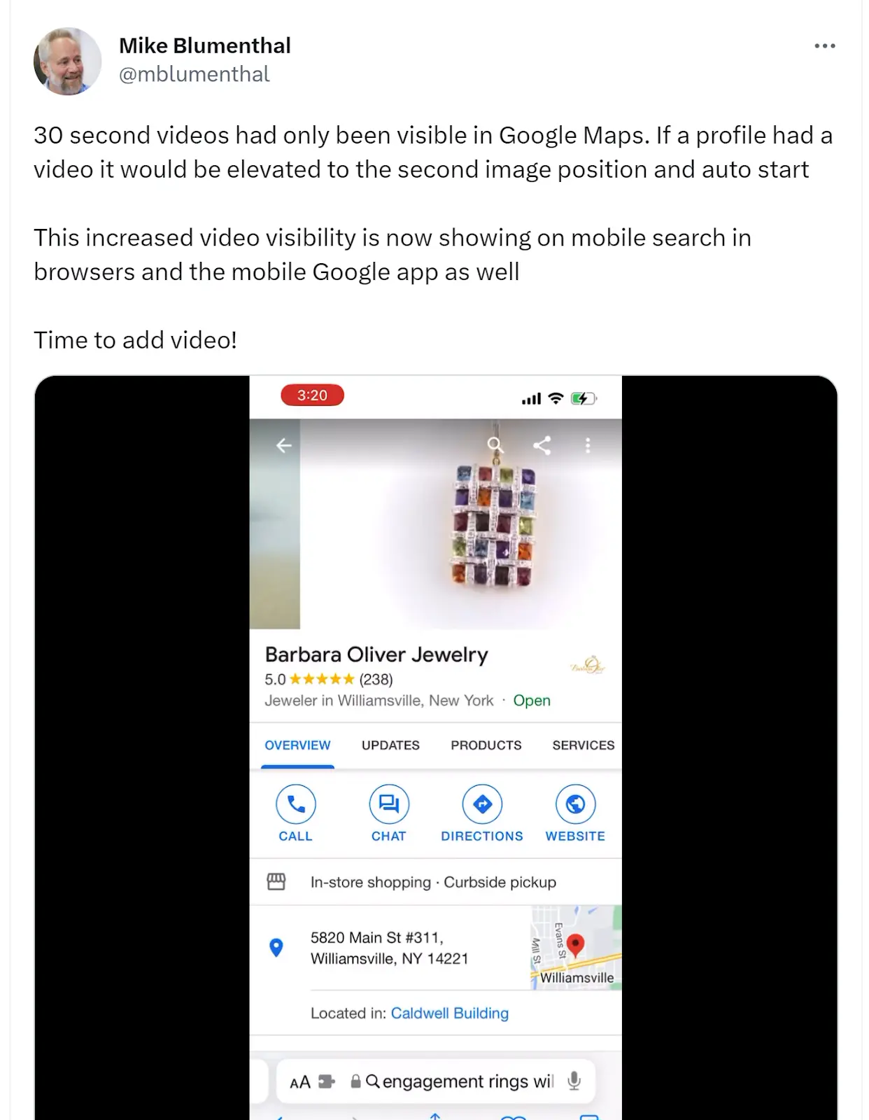 Tweet showing the increasing prevalence of video in Google Business Profiles