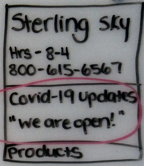 Hand drawing of a GMB listing for Sterling Sky with a red circle around a COVID-19 Google Post.